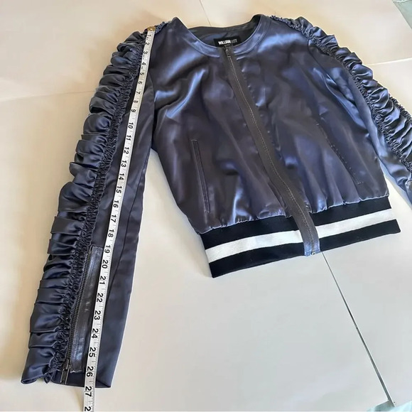 William Rast Dark Blue Bomber Jacket Sleeve Ruffles Satin Sporty Stripe Hem - Picture 6 of 10